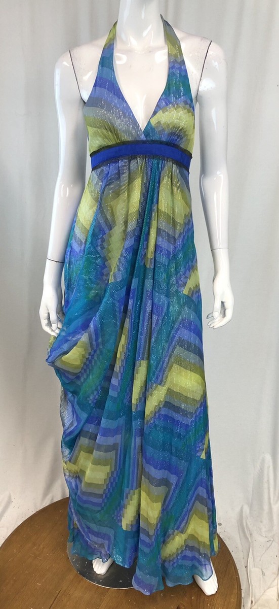$398 BCBG Maxazria 0 Silk Metallic Glitter Halter Neck Maxi Grecian Dress  Gown | eBay