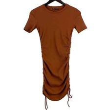 Zara Womens (M) Ribbed Ruched Scrunch Mini Fitted TShirt Dress Brown