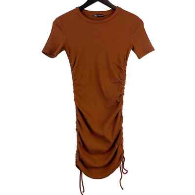 Zara Womens (M) Ribbed Ruched Scrunch Mini Fitted TShirt Dress Brown | eBay