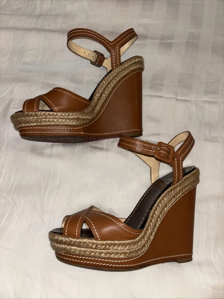 Christian Louboutin Brown Leather Braided Wedge Sandals Sz 7.5 Great stiching - Image 2 of 4