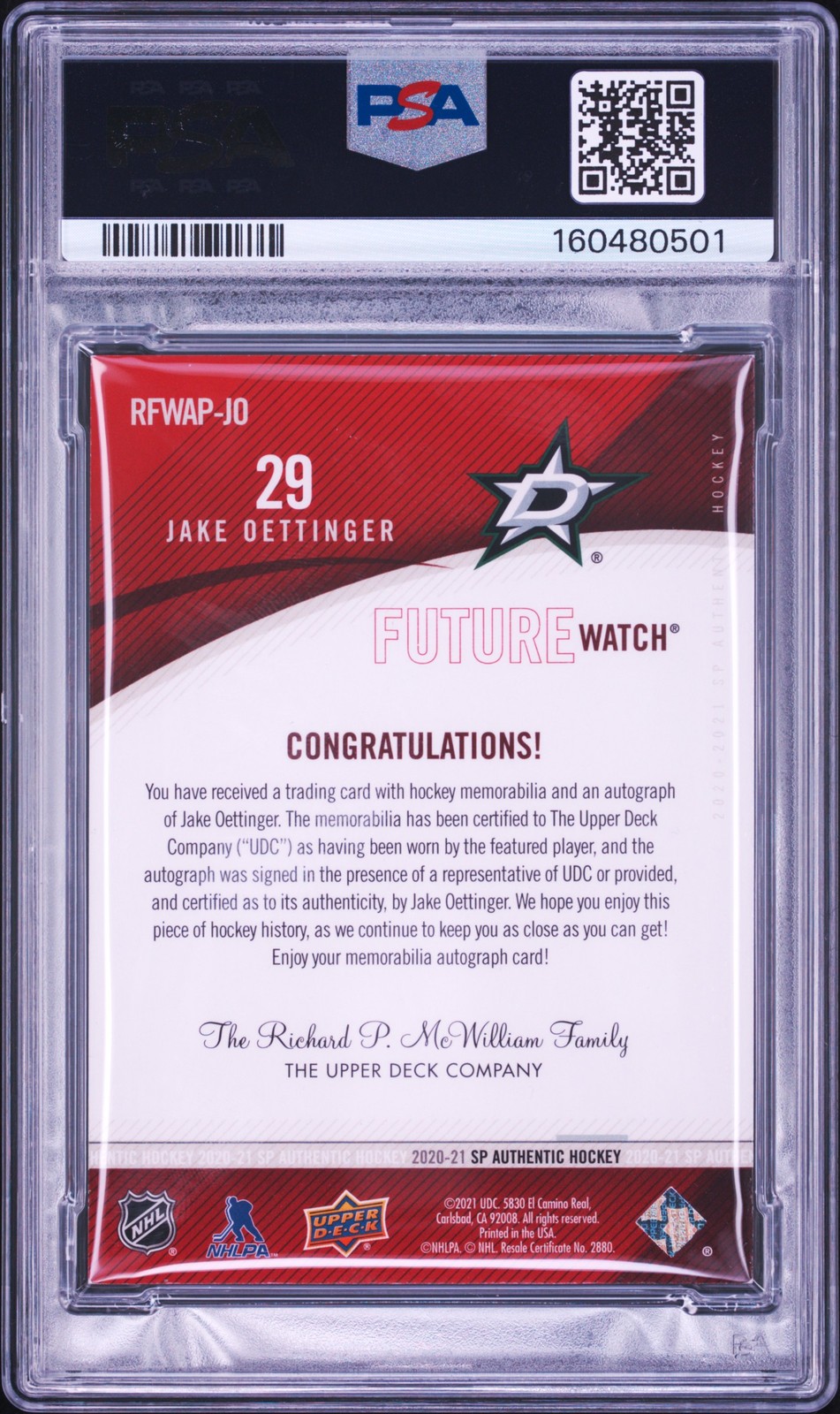 2020 SP AUTHENTIC #JO JAKE OETTINGER ROOKIE RC 85/99 PSA 6 DNA AUTO 10 view 2