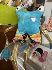 Handmade Blue Plush Frog Figure Doll w/ Black Eyes  Multicolor Shorts Outfit