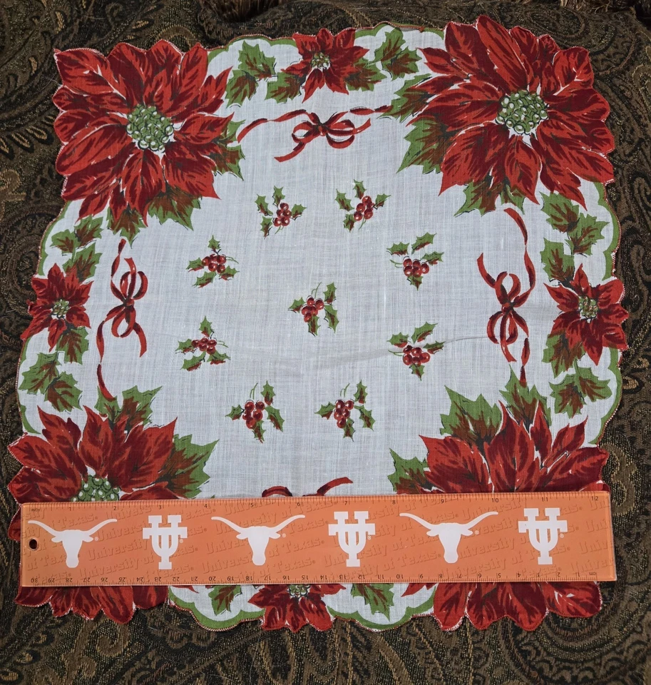 VTG Poinsettia Flower CHRISTMAS Ladies Handkerchief Hanky 1950's Wedding Party - Image 3 of 4