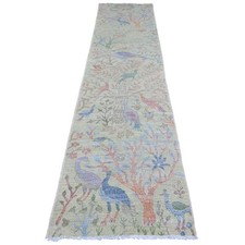 2'9"x11'8" Green Hand Knotted Peshawar Birds Design Soft Wool Runner Rug R20858