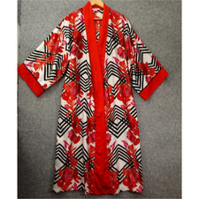 NATORI Satin Robe Women M Bright Red Floral Kimono Lounge Gown Luxury Boho Glam