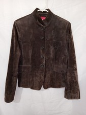 Vintage 90s Anne Klein Suede Leather Jacket Brown Mandarin Collar Button Front M