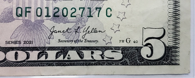 #ad $5 Bill Fancy Serial Number Birthdate Date 01 2027 17 MMYYYYDD QF 01202717 C $19.99