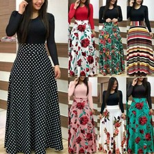 Women's Floral Print Colorblock Long Sleeve Maxi Dress Polyester Material