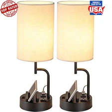 Table Lamp W/ 3 USB Charging Ports AC Outlet Phone Stands Bedroom Office Indoor