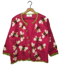 Design Options Philip & Jane Gordon Cardigan Sweater PINK Bumble Bee Beaded Md