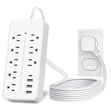 Flat Extension Cord 15 ft, Surge Protector Power Strip with 8 Outlets 4 USB P...