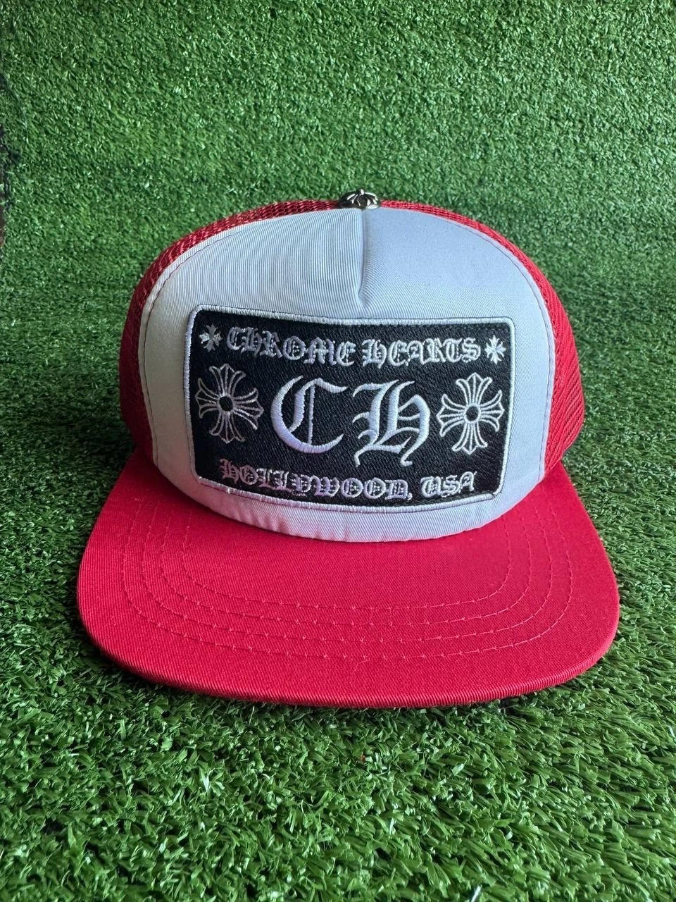 Chrome Hearts Red and White Trucker Hat Adjustable Mesh Back Men's