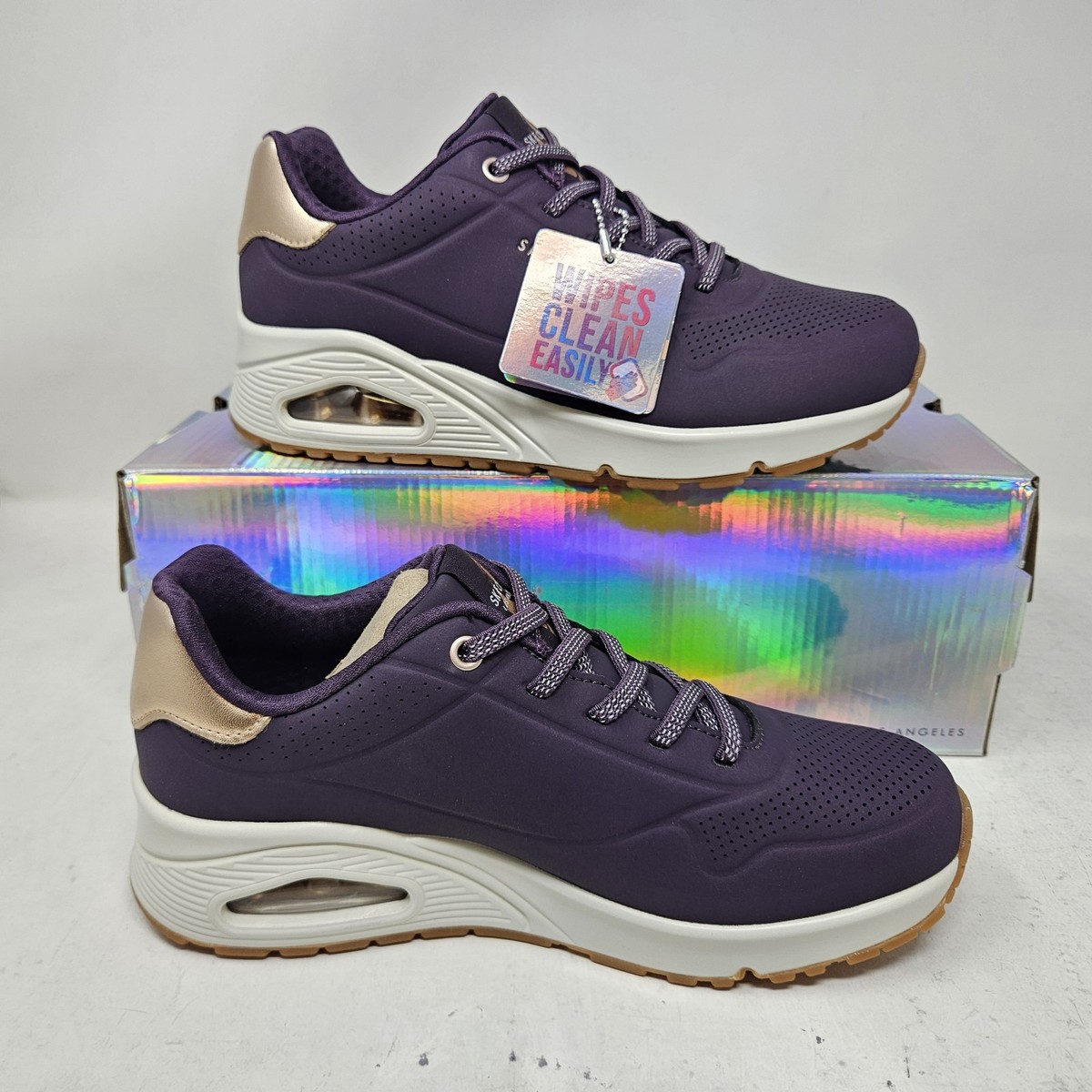 Women's Skechers Uno Shimmer Away Purple Comfy Slip On Shoes