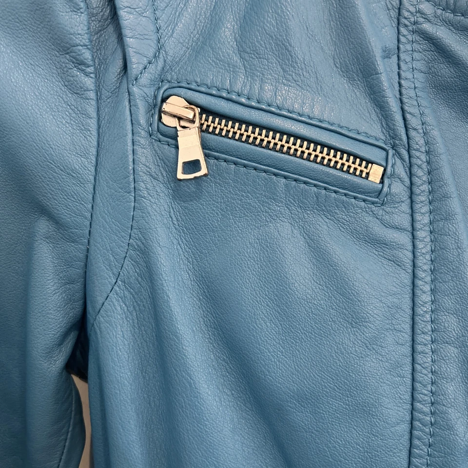 Chaqueta de moto de lujo de diseñador de cuero de cordero Rebecca Taylor en azul ¿talla pequeña? Foto 2 de 4