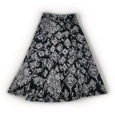 Coldwater Creek Skirt M Batik Tile Print Blue White Lined Cotton Gore A-Line