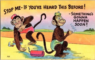 Humorous Monkey Firecracker Postcard - ''Something's Gonna Happen Soon!''
