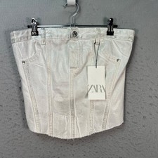 Zara Womens Large Metallic Silver Denim Corset Top Large Smocked Back NEW