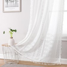 Sheer Lace Curtains Boho Linen Textured Tassel 40W x 72L Pack 2 Beige