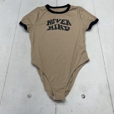 Never Mind Bodysuit Womens XL Tan Black Ringer Ribbed Graphic Short Sleeve