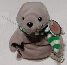 Vintage 1997 Coca Cola 8" Bean Bag Plush Seal in green scarf new with tags