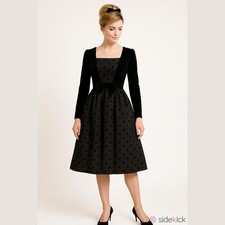 Lanz Originals Vintage Polka Dot Velour Taffeta Bow Black Dress