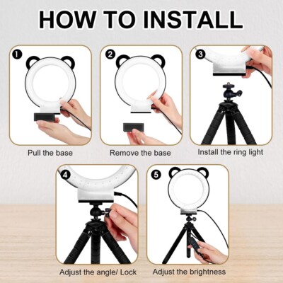 Anillo de luz LED con diseño de panda con soporte para teléfono