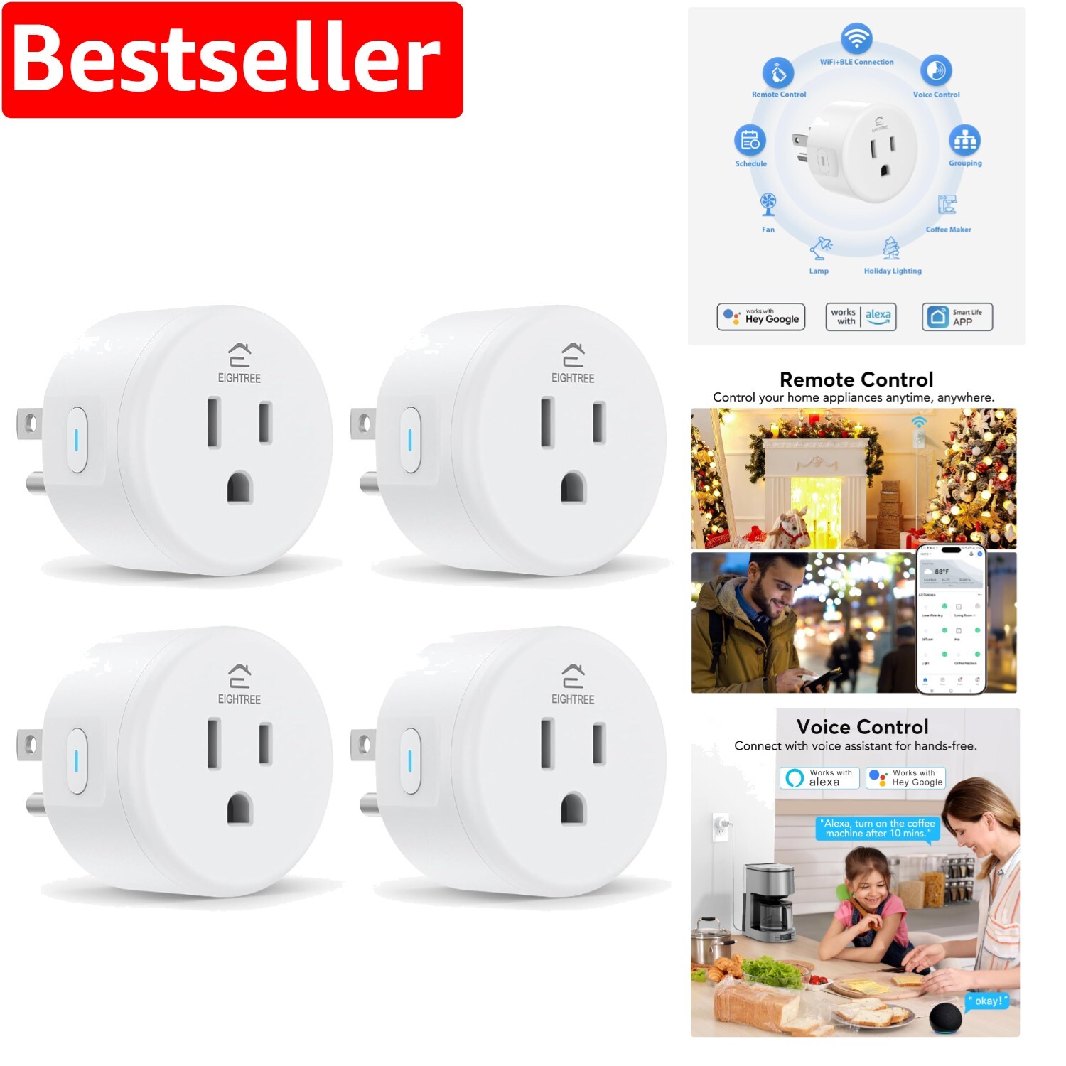 4-Pack Mini Smart Plugs with Timer, Remote & Voice Control for Alexa & Google