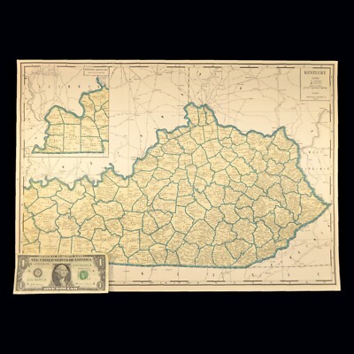 Vintage KENTUCKY Map Wall Art Old Original LARGE Lexington Frankford Louisville