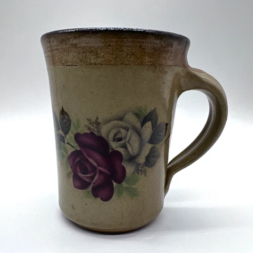 Monroe Salt Works Pottery 4" Floral Roses Glazed Coffee Mug Brown Maine USA