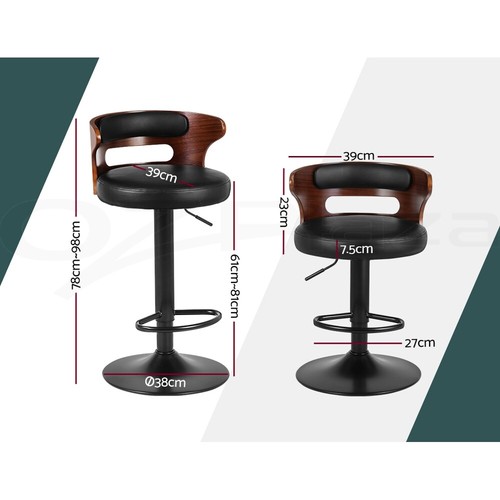 Artiss 2x Bar Stools Kitchen Wooden Gas Lift Leather Stool Metal Black
