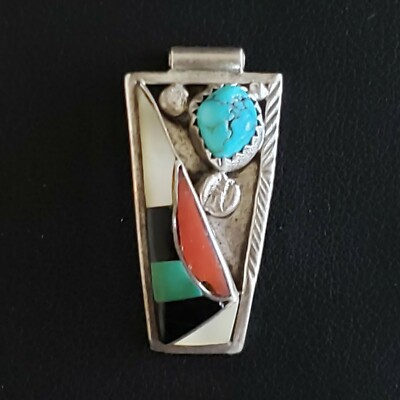 Signed BH Sterling Turquoise Red Coral Onyx Mother of Pearl Malachite ...