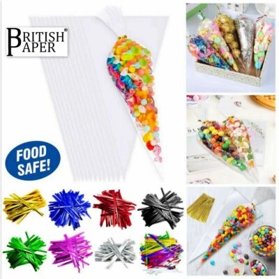 Clear Cellophane Cone Sweet Bags Small Large Birthday Party Gift with Twist Ties
