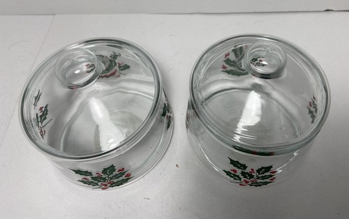 Indiana Glass Company Clear Glass Christmas Holly Snack Jar Lid Lot of 2 Vintage - Picture 4 of 6