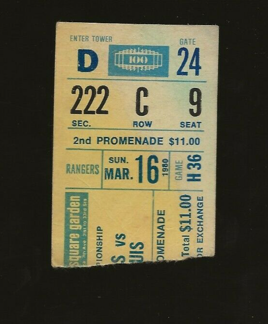 Mar 16, 1980 New York Rangers &amp; Blues Ticket Stub 5-2 NYR Duguay 2 ...
