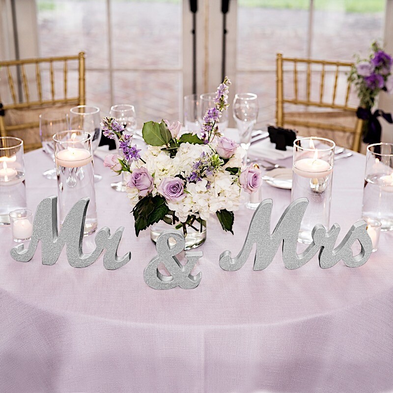 SILVER Glittered Wooden Mr & Mrs Freestanding Wedding Table DISPLAY SIGNS Party