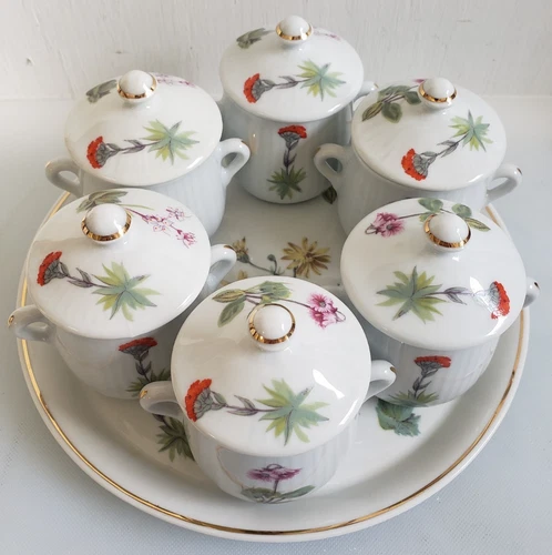 Vintage Lourioux France Set of 6 Pot De Creme Floral Lidded Cups & Serving Plate