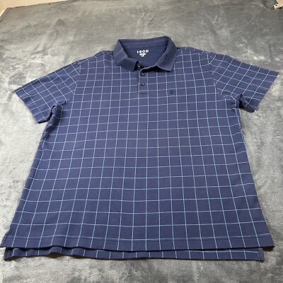 Izod Polo Shirt Mens Large Blue Windowpane Check Golf Casual Preppy Short Sleeve