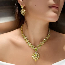 Yellow Gold Plated CZ Olive Green Leaf Drop Necklace Earrings Party Jewelry Set