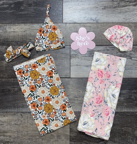 Baby Girl Swaddle Set 0-3 Months Pink Floral Photo Shoot Fall Theme EUC Soft