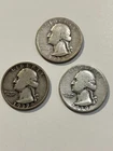 Washington Quarters 3 Coin Lot.  1932S, 1937S & 1939S.  90% Silver. Circulated.