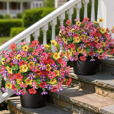 2 Set of Artificial Morning Glory & Eucalyptus Topiary Trees - Faux Silk Flower
