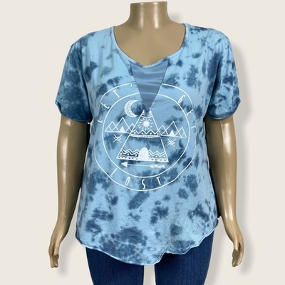 Made Right Let's Get Lost Tie Dye Shirt Mesh Panel Short Sleeve Sky Blue 2X PLUS