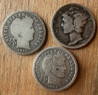 LOT US SILVER COINS BARBER MERCURY DIMES 1909 1911 1920 MONNAIE ARGENT ONE DIME