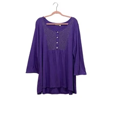 LOGO LORI GOLDSTEIN Purple 3/4 Sleeve Top Lace Accent XLARGE Lightweight Peasant