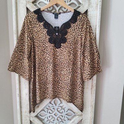 Robert Louis Women Slit Bell Sleeve Crochet Lace Blouse Top Leopard Animal Print