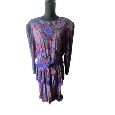 Vintage 80s Kari s Korner Paisley Midi Dress Blouson Belted Size 20