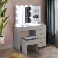 Bedroom Vanity Table Set 10 LED Mirror Makeup Desk with Storage Dressing Dresser