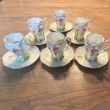 RS Prussia Porcelain Floral Tea Cups Saucers 12 Piece White Pink Yellow Gold