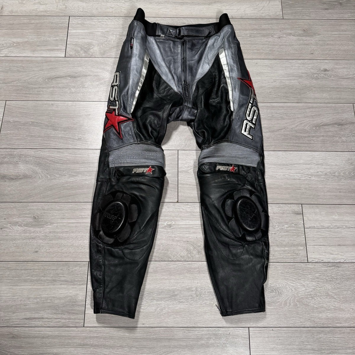 RST Mens Leather Black Silver Motorcycle Trousers Size UK 44 EU 54