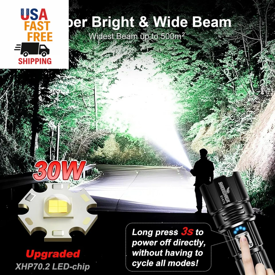 Rechargeable 2000 Lumens LED Flashlight - 30W Bright Light, 3937Ft Beam, 12H Run - Image 2 of 4
